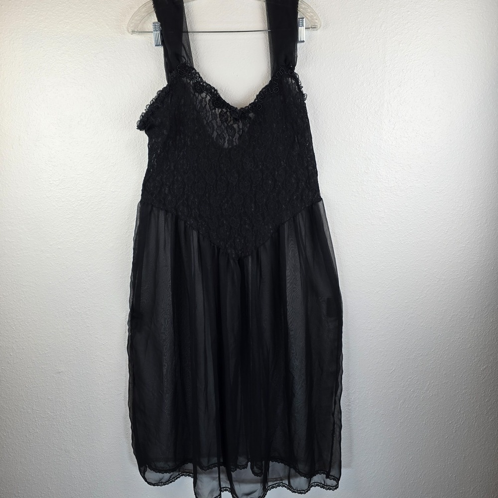 Vintage Circa 2000 Slip Dress Womens Large Black Lace Trim Bodice Beaded Outdoor